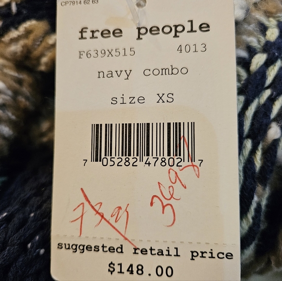 Free People Fairisle Hooded Sweater High Low Hem Oversized XS Navy Cream NWT - Picture 13 of 16